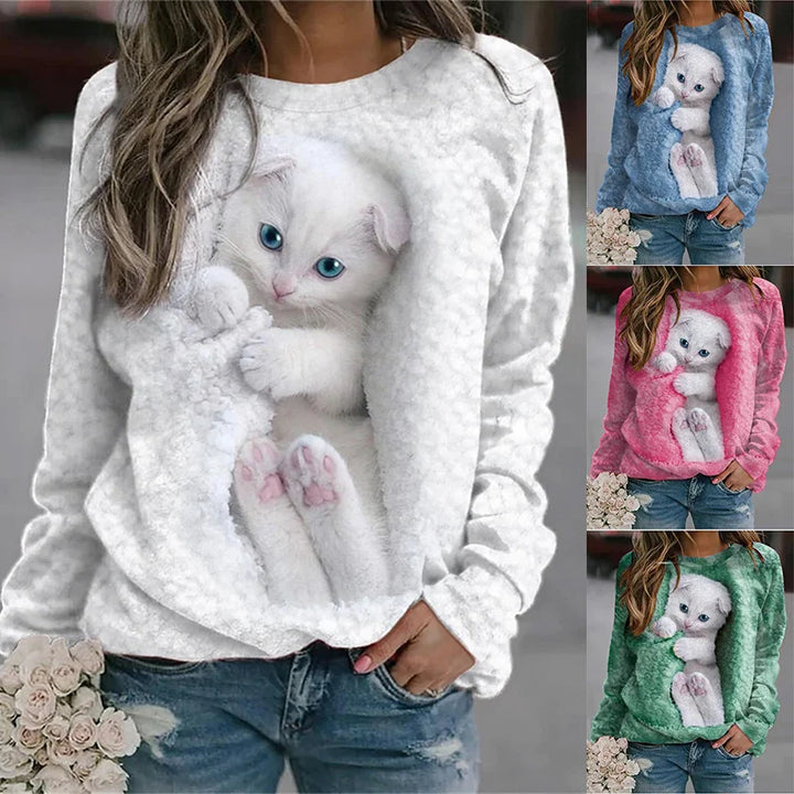 Moderna sudadera de manga larga con estampado de gatitos